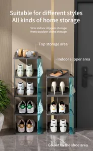 Narrow shoe rack detail showing multi-tier entryway storage and side slipper hooks for small spaces.