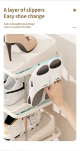 Detail view of multi-layer shoe rack with side extension rod for easy daily footwear access.
