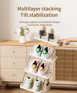 Multilayer plastic shoe rack for entryway, compact narrow storage shelf for dorm and home.
