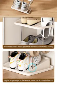 Compact multi-layer shoe rack detail showing sturdy stainless steel rods and stable base design.