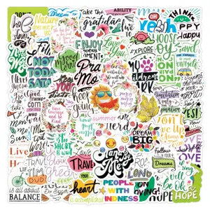 Waterproof vinyl sticker pack with motivational quotes and cute designs for laptop and luggage.