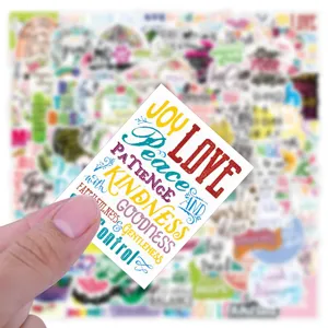 Detail view of inspirational English sticker pack featuring virtue words for journaling.