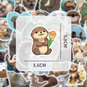 Cute cartoon otter sticker with tulip detail shot, waterproof vinyl material for DIY decor.