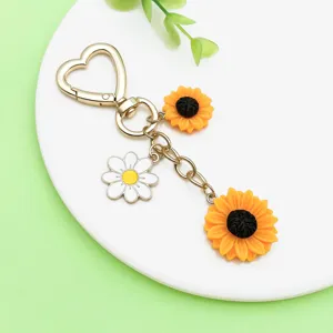 Detailaufnahme des goldenen Herz Schlüsselanhängers mit Sonnenblumen und Margeriten Anhängern.