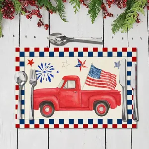 Amerikaanse patriottische rode truck placemat, vintage tafelmat detail voor de eetkamerinrichting.
