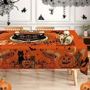 Detailansicht der Halloween Tischdecke, orange schwarzer gruseliger Kürbis Party.