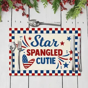 Gedetailleerd overzicht van Amerikaanse patriottische placemat met rood-blauwe ruit.