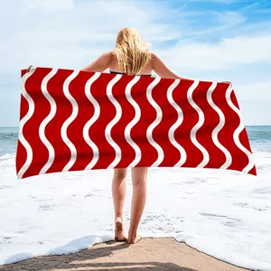 Red and white wave printed beach towel quick drying polyester bath towel for seaside holiday
