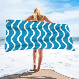 Blue and white wavy printed beach towel, quick-dry polyester bath towel for seaside summer.