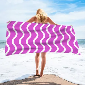 Pink and white wavy stripe beach towel, quick-dry polyester bath towel for seaside summer.