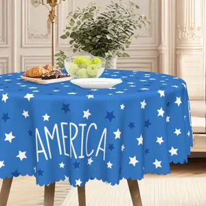 Blauw rond tafelkleed met sterren en America print, perfect voor de inrichting van de eettafel.
