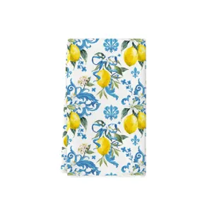 Canovaccio da cucina con stampa maiolica blu siciliana e limoni, tessuto morbido.