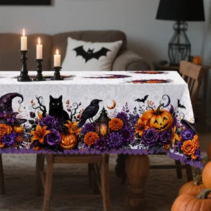 Διακοσμητικό τραπεζομάντηλο Halloween κολοκύθα μαύρη γάτα πολυεστέρας αδιάβροχο.