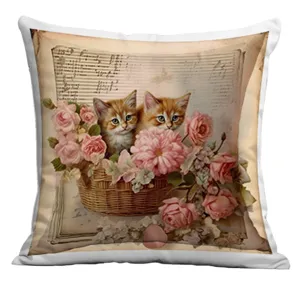 Housse de coussin vintage chatons et roses, jolie taie décorative pour canapé salon.