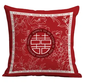 Red wedding throw pillow cover with double happiness sign and romantic text for home decor.