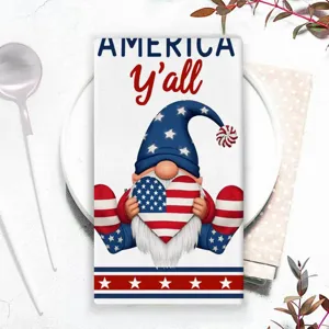 Gedetailleerd overzicht van de patriottische keukendoek met dwerg en Amerikaans vlaghart.