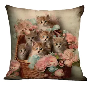 Détail de housse de coussin chat vintage, adorables chatons dans un beau panier de fleurs.