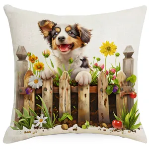 Jolie housse de coussin chiot clôture jardin, taie d'oreiller décorative pour canapé salon chambre.