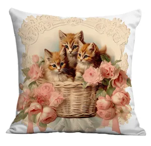 Housse de coussin vintage chatons et roses, jolie taie décorative pour canapé lit.
