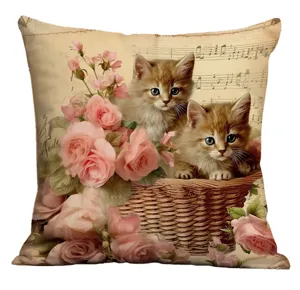 Housse de coussin vintage chatons mignons et roses roses, design esthétique de partition.