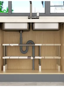 Expandable under sink organizer 2 tier storage rack adjustable kitchen shelf for cabinet space