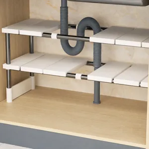 Under sink organizer, adjustable 2-tier kitchen storage shelf for cabinet and space saving.