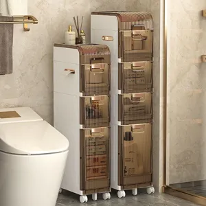 Narrow bathroom storage cabinet with multi-layer drawers, slim rolling crevice organizer unit.