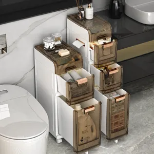 Narrow bathroom storage cabinet with multi-layer drawers, slim rolling cart for tight spaces.