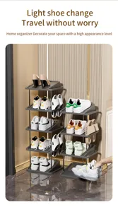 Multi-layer narrow shoe rack for entryway, space-saving plastic and metal home organizer.