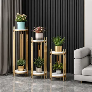 Nordic Light Luxury Metal Plant Stand Iron Flower Pot Holder Marble Pattern Panel Modern Living Room Floor Storage Rack
