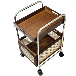 Vintage 2-tier rolling utility cart with wooden trays and wheels for home living room storage
