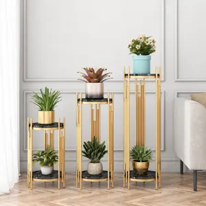 Nordic luxury metal plant stand set, modern tiered flower shelf for living room indoor decor.