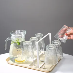 Glass Water Pitcher Set With Pot And Cups Clear Hammered Vertical Striped Design Home Kitchen Drinkware
