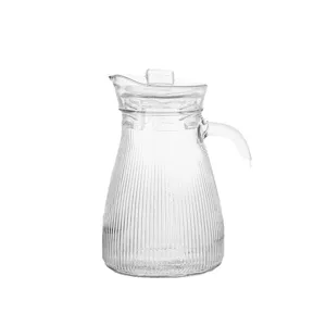 Transparent glass water jug pitcher with vertical stripes and lid for home kitchen use
