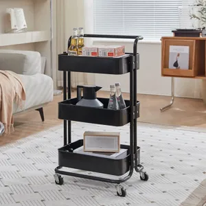 3-tier metal rolling utility cart with wheels and handle for kitchen living room storage
