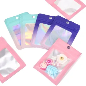 Kleurrijke holografische zip-sluitingzakjes met doorzichtig venster en gat voor sieraden DIY.