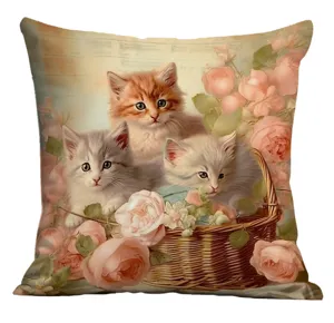 Housse de coussin décorative au style vintage avec de mignons chatons dans un panier.