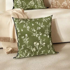 Green floral linen throw pillow for living room sofa bedroom bed decor cushion cover