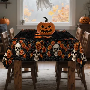Τραπεζομάντιλο Halloween με κρανία λουλούδια για τραπέζι φθινοπωρινή διακόσμηση πάρτι.