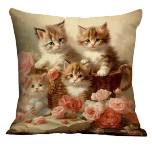 Vue détaillée de la housse de coussin décorative imprimée de chatons et de roses vintage