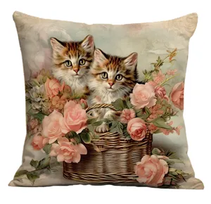 Détail de housse de coussin vintage chats et roses, charmant décor floral pour canapé.
