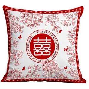 Red Chinese wedding pillow cover with double happiness symbol and floral pattern for room decor.