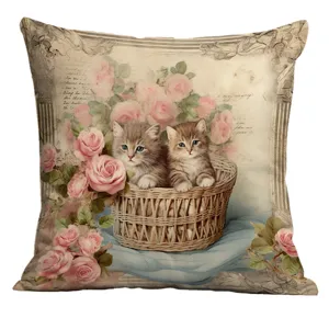Housse de coussin vintage chat et fleurs, taie d'oreiller décorative style rétro.