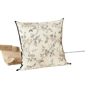 Linen floral printed throw pillow for living room sofa, classic botanical pattern cushion.