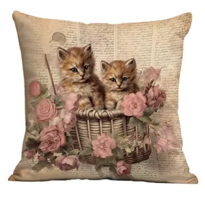 Détail de housse de coussin chatons et roses vintage, style de fond manuscrit rétro.