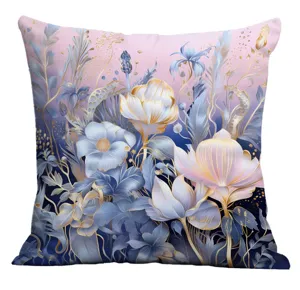 Elegant botanical print throw pillow cover, blue gold floral design for modern home decor.
