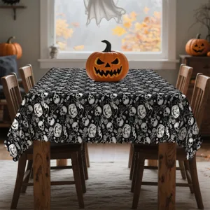 Τραπεζομάντηλο Halloween με σχέδιο κρανίο και κολοκύθα, αδιάβροχο πολυεστερικό.