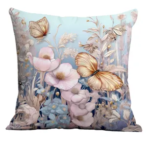 Detailed view of digital printed pillowcase featuring butterfly and floral botanical patterns.