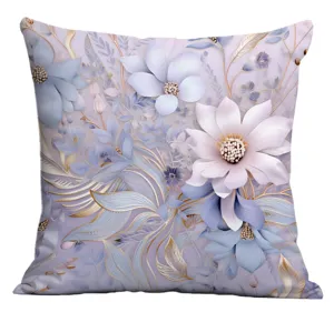 Close-up detail of digital printed floral cushion cover with elegant purple and gold design.