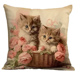 Housse de coussin décorative vintage avec chatons et roses roses, housse de canapé douce pour la maison.